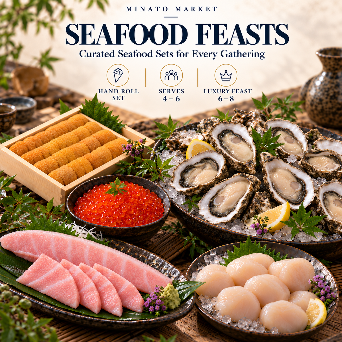 Minato Market seafood feast with toro, uni, Japanese scallops, oysters and ikura on a rustic wooden table.