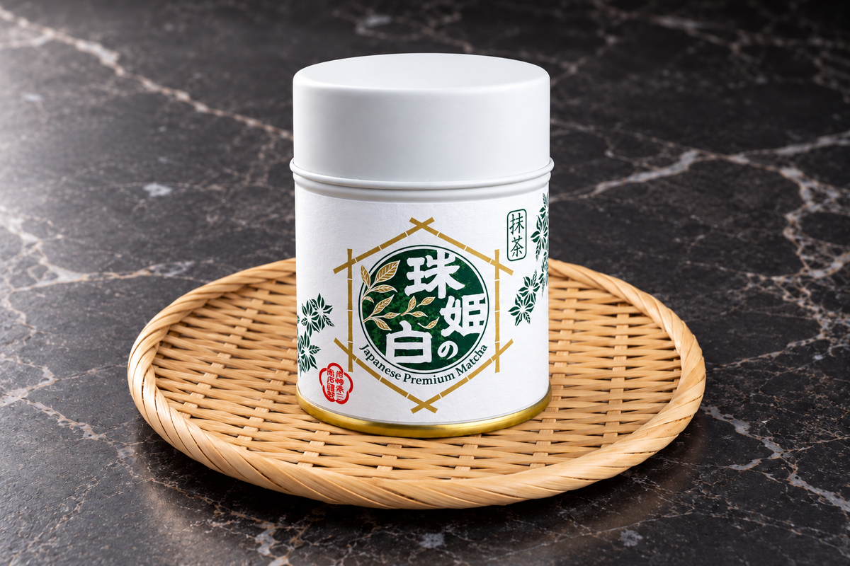 Tamahime no Shiro matcha 20 g tin on a woven bamboo tray with a dark marble background
