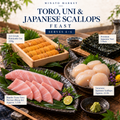 Minato Market Toro, Uni and Japanese Scallops Feast for 4–6: AA-Grade Hokkaido Uni 250g, Bluefin Tuna Toro Harasu approx. 1.5 lb bone-in, Teramoto Japanese Scallops approx. 2.2 lb, and Premium Japanese Nori 1 pack.