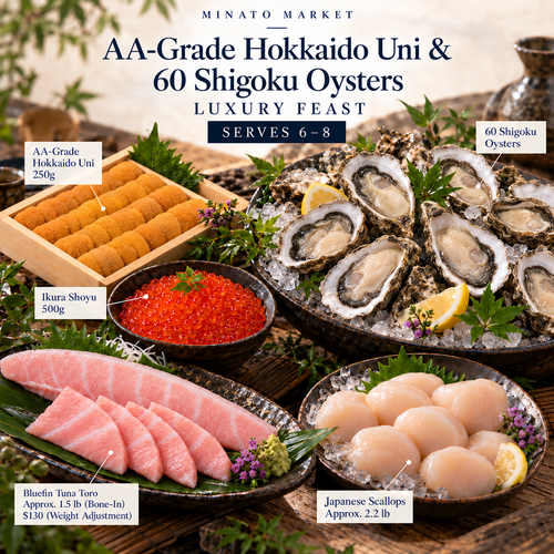 AA-Grade Hokkaido uni 250g, bluefin tuna Toro Harasu approximately 1.5 lb bone-in, Japanese scallops approximately 2.2 lb, ikura 500g and 60 Shigoku oysters luxury feast for 6–8.